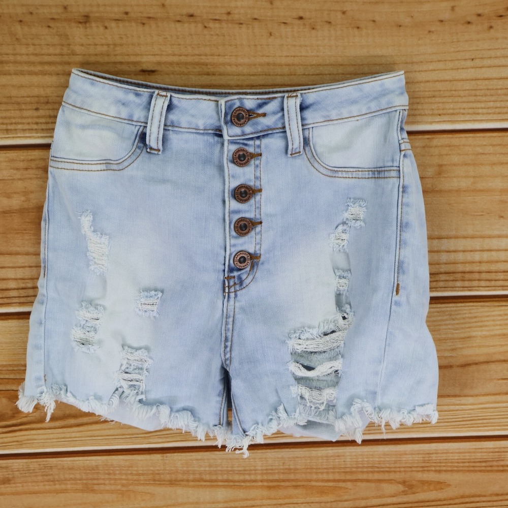 Aphrodite Jean Shorts Distressed Womens Size S Blue Light Wash Denim Button Fly